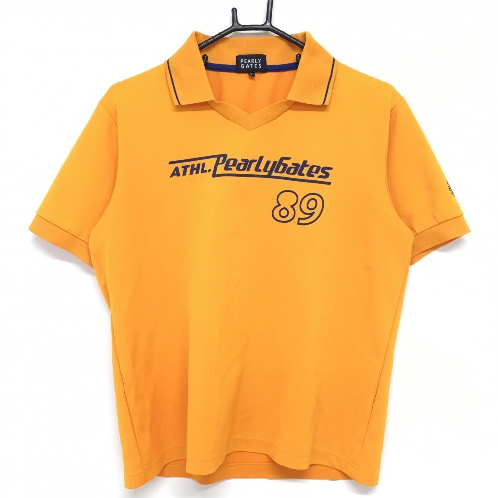 パーリーゲイツ 襟付半袖シャツ オレンジ×ネイビー Vネック ロゴプリント  メンズ 3(S) ゴルフウェア PEARLY GATES