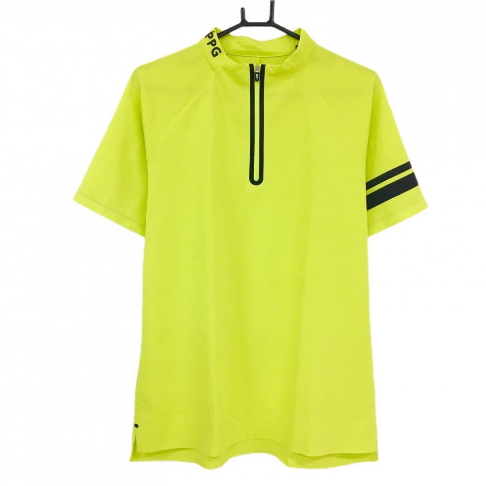 【超美品】パーリーゲイツ 半袖シャツ 蛍光グリーン×黒 ハーフジップ 袖ライン  メンズ 5(L) ゴルフウェア PEARLY GATES