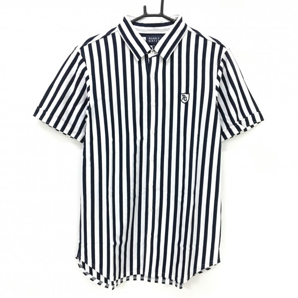 【新品】パーリーゲイツ 半袖シャツ 白×ダークネイビー ストライプ 胸ロゴ メンズ 6(XL) ゴルフウェア PEARLY GATES