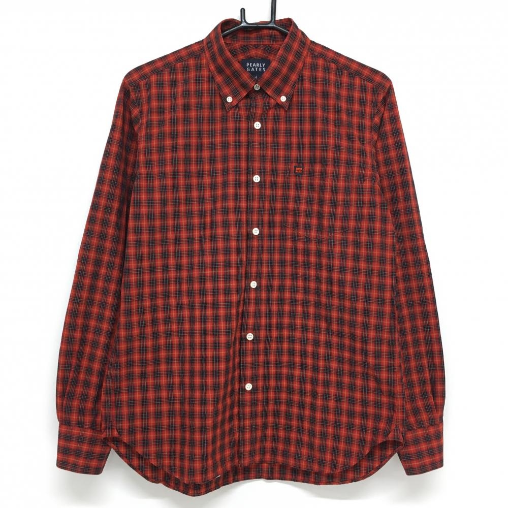 【超美品】パーリーゲイツ 長袖シャツ レッド×黒 チェック ボタンダウン  メンズ 4(M) ゴルフウェア PEARLY GATES