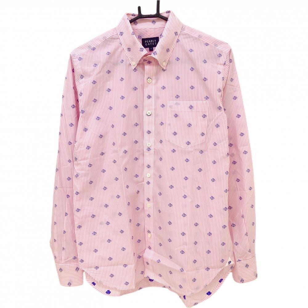 パーリーゲイツ 長袖シャツ 白×ピンク×ブルー ストライプ 総柄 コットン100％ メンズ 4(M) ゴルフウェア PEARLY GATES