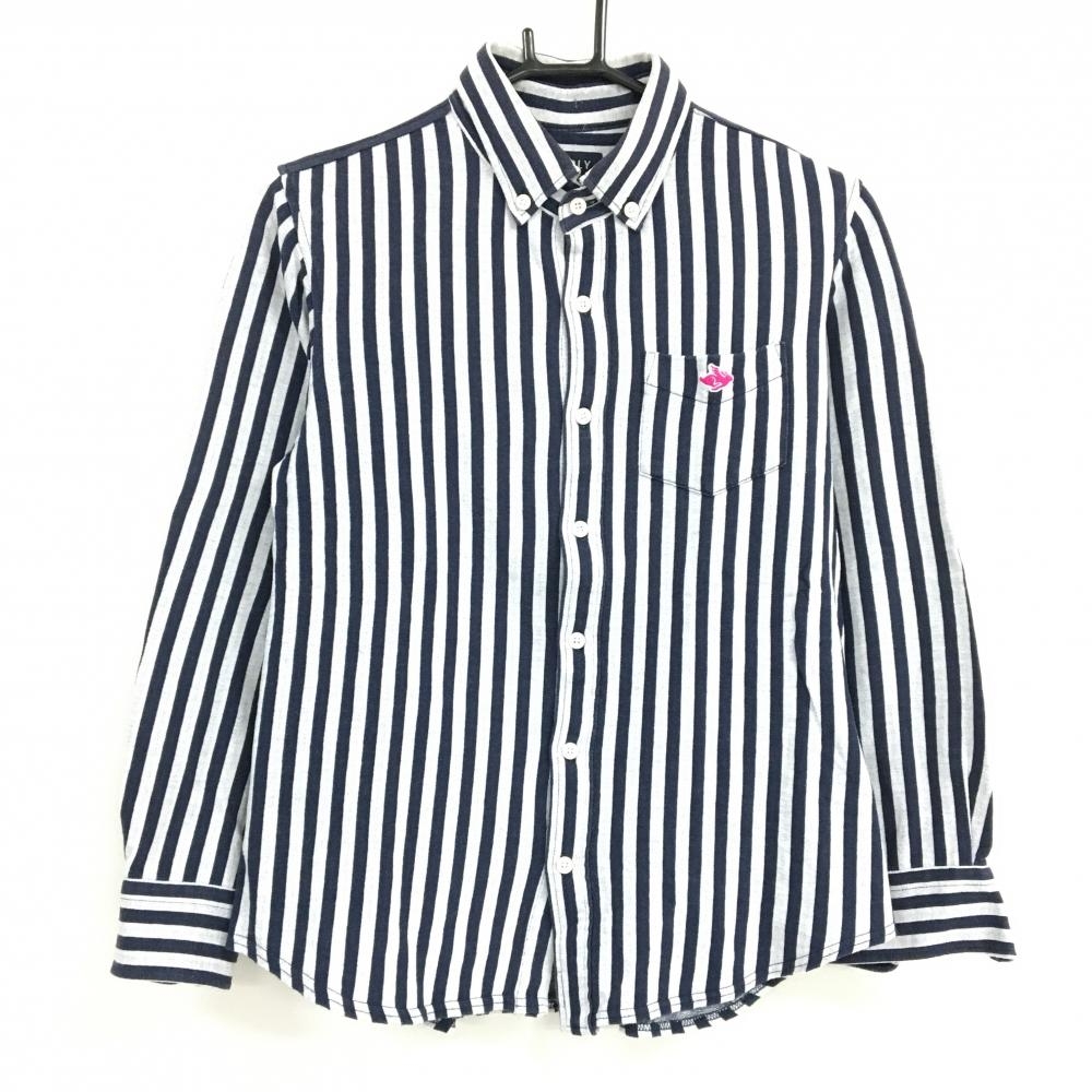 パーリーゲイツ 長袖シャツ 白×ネイビー ストライプ ボタンダウン 綿100％ メンズ 4(M) ゴルフウェア PEARLY GATES