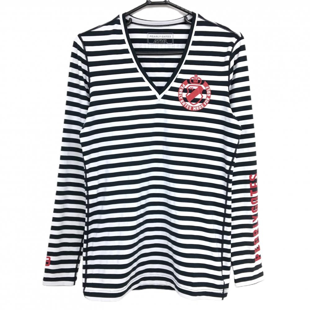 パーリーゲイツ インナーシャツ 白×ネイビー ボーダー ロゴプリント ストレッチ メンズ 4(M) ゴルフウェア PEARLY GATES