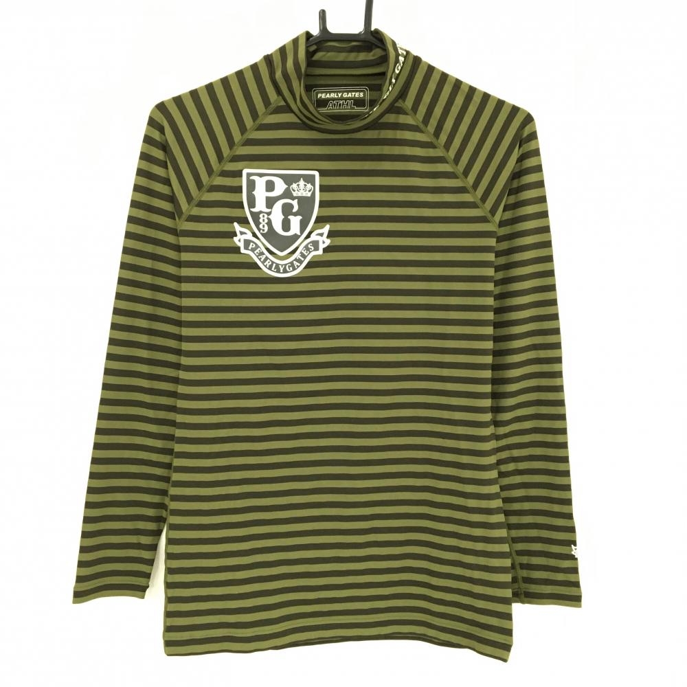 【美品】パーリーゲイツ ハイネックインナーシャツ カーキ×ダークカーキ ボーダー メンズ 4(M) ゴルフウェア PEARLY GATES
