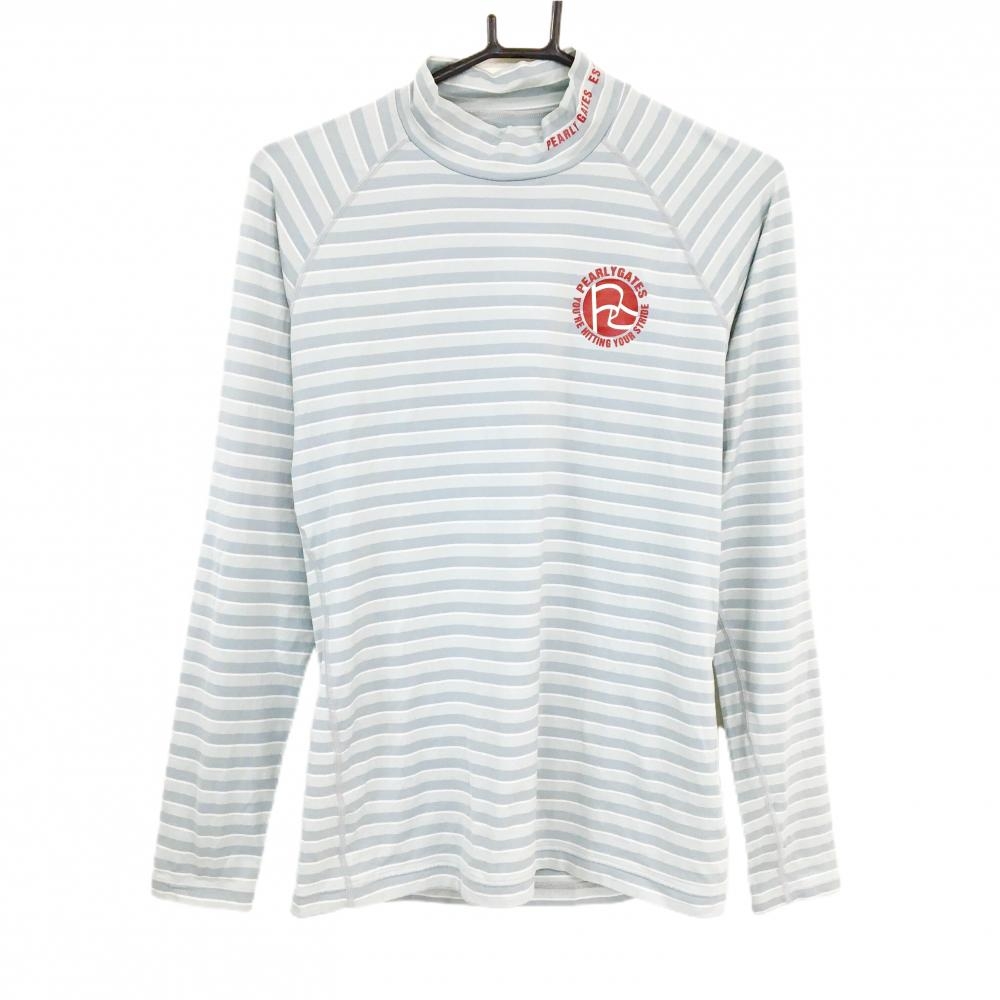 【美品】パーリーゲイツ ハイネックインナーシャツ グレー ボーダー ロゴレッド メンズ 5(L) ゴルフウェア PEARLY GATES