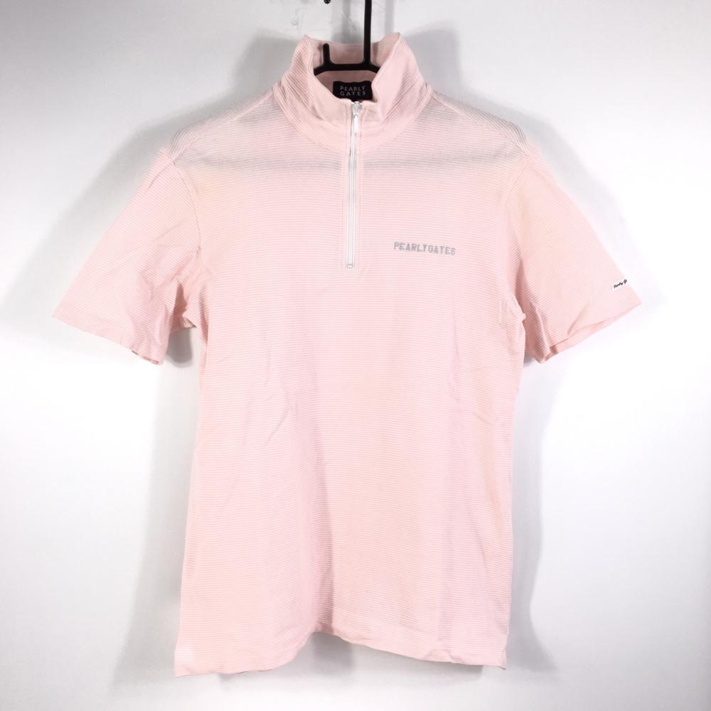 PEARLY GATES パーリーゲイツ 半袖ハイネックシャツ ライトピンク×白 ストライプ織り生地 ハーフジップ メンズ 4 ゴルフウェア r16