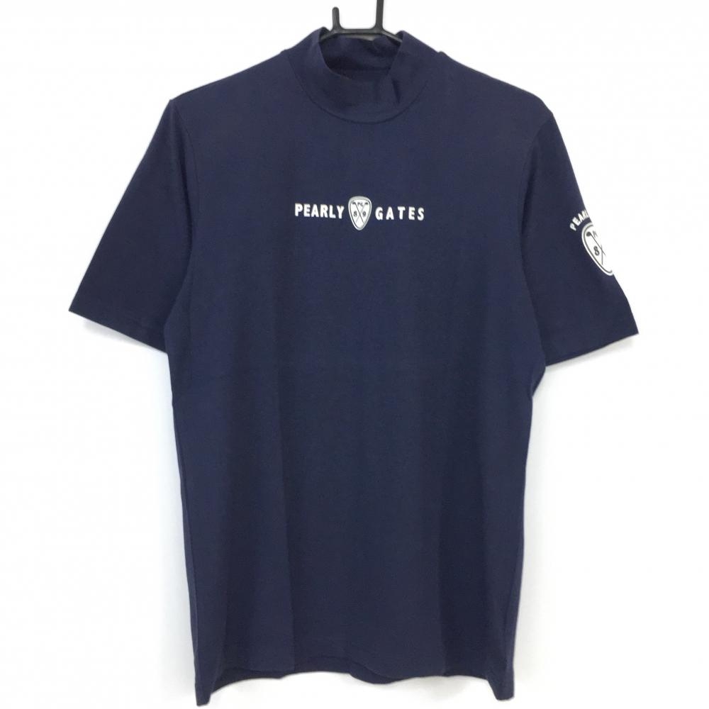 PEARLY GATES パーリーゲイツ 半袖ハイネックシャツ ネイビー×白 ストレッチ ロゴプリント  メンズ 4(M) ゴルフウェア