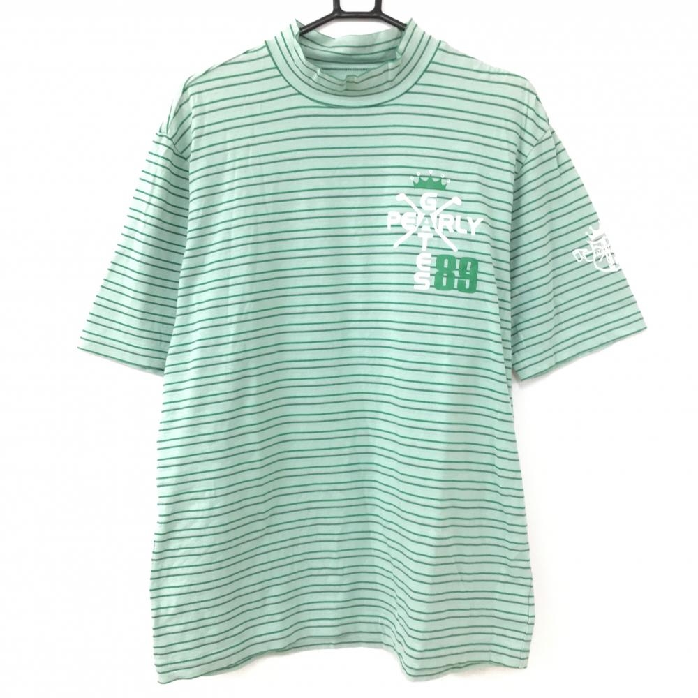 PEARLY GATES パーリーゲイツ 半袖ハイネックシャツ グリーン×ピンク ボーダー ストレッチ メンズ 6(XL) ゴルフウェア
