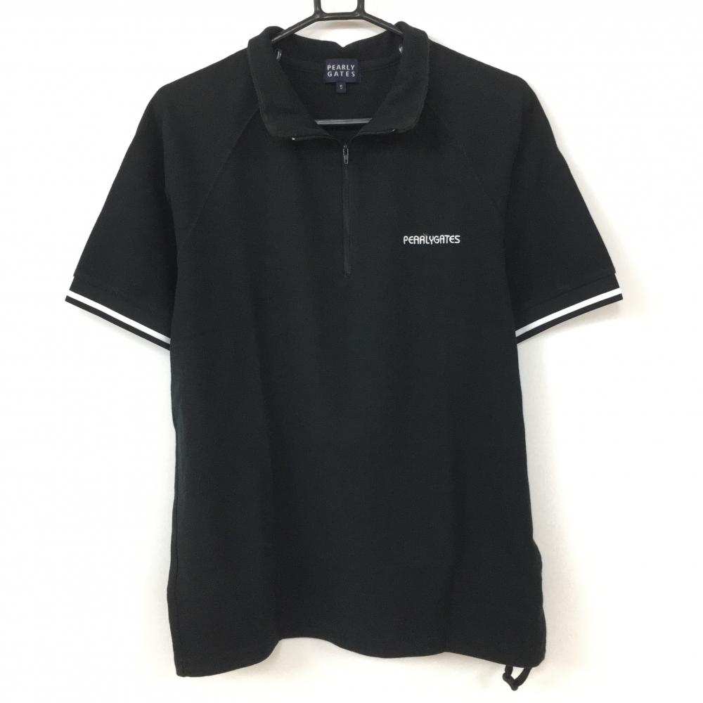 パーリーゲイツ 半袖ハイネックシャツ 黒×白 ハーフジップ 袖ライン ドローコード メンズ 5(L) ゴルフウェア PEARLY GATES