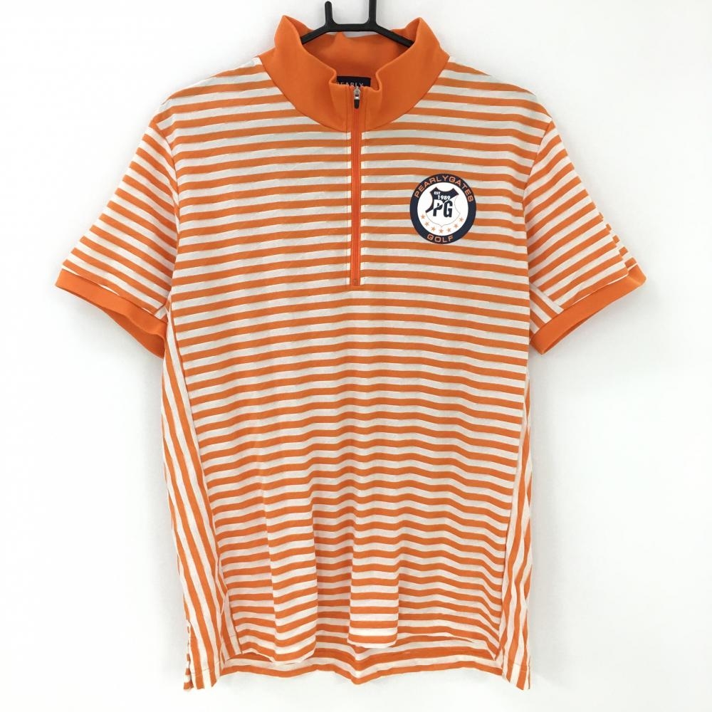 【美品】パーリーゲイツ 半袖ハイネックシャツ オレンジ×白 ボーダー 斜めストライプ織生地 メンズ 6(XL) ゴルフウェア PEARLY GATES