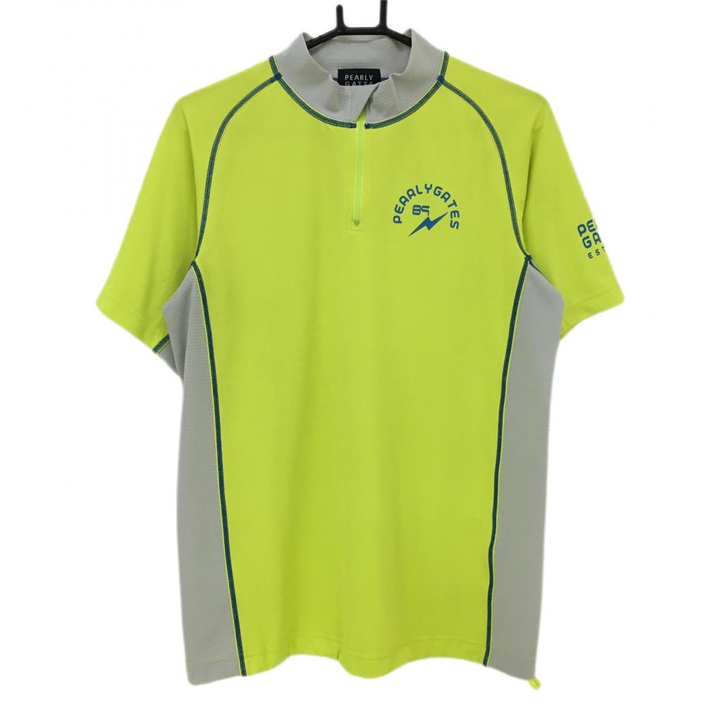 パーリーゲイツ 半袖ハイネックシャツ イエロー×ライトグレー ハーフジップ 裾ドローコード  メンズ 4(M) ゴルフウェア PEARLY GATES