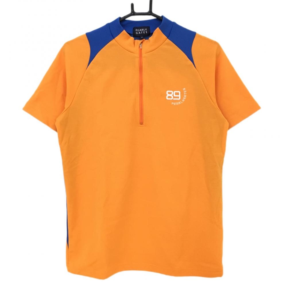 【超美品】パーリーゲイツ 半袖ハイネックシャツ オレンジ×ブルー ハーフジップ 裾ドローコード メンズ 4(M) ゴルフウェア PEARLY GATES
