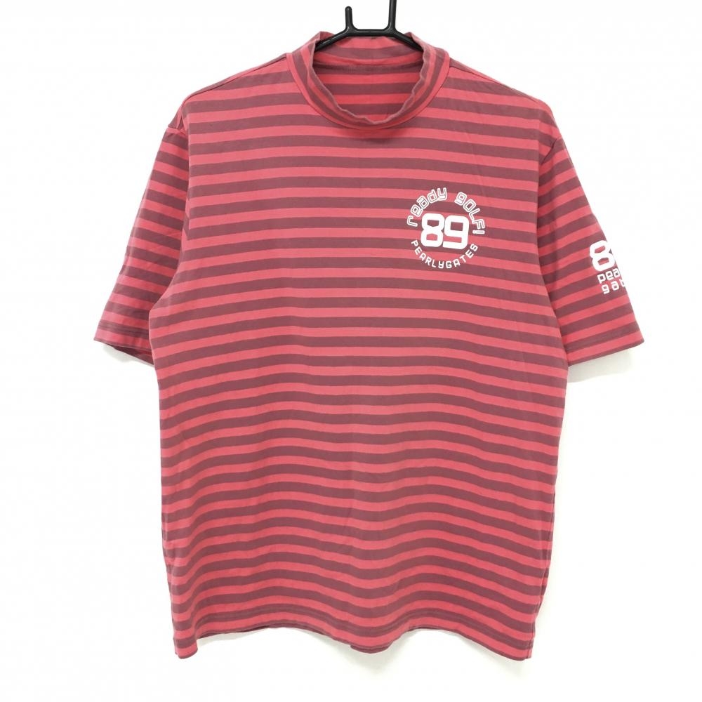 【美品】パーリーゲイツ 半袖ハイネックシャツ ピンク ボーダー コットン混  メンズ 6(XL) ゴルフウェア PEARLY GATES