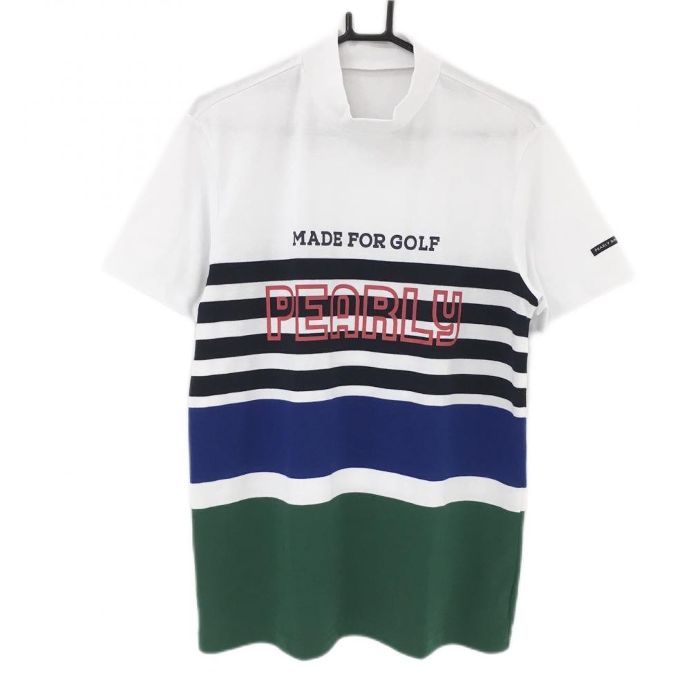 【超美品】パーリーゲイツ 半袖ハイネックシャツ 白×ネイビー×グリーン  下部ボーダー風 メンズ 6(XL) ゴルフウェア PEARLY GATES