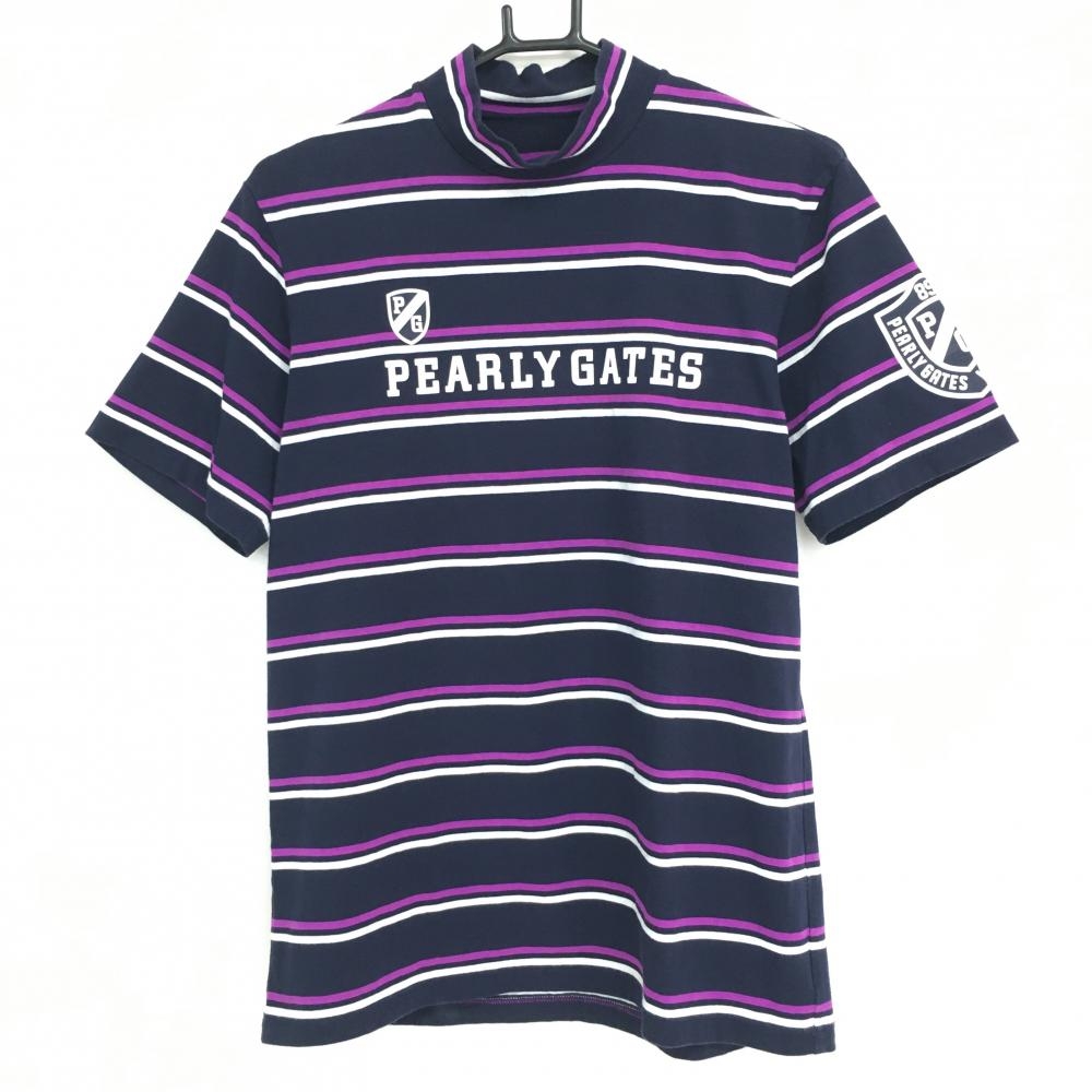 パーリーゲイツ　半袖ハイネックシャツ  ダークネイビー×パープル×白 ボーダー  メンズ 6(XL) ゴルフウェア PEARLY GATES