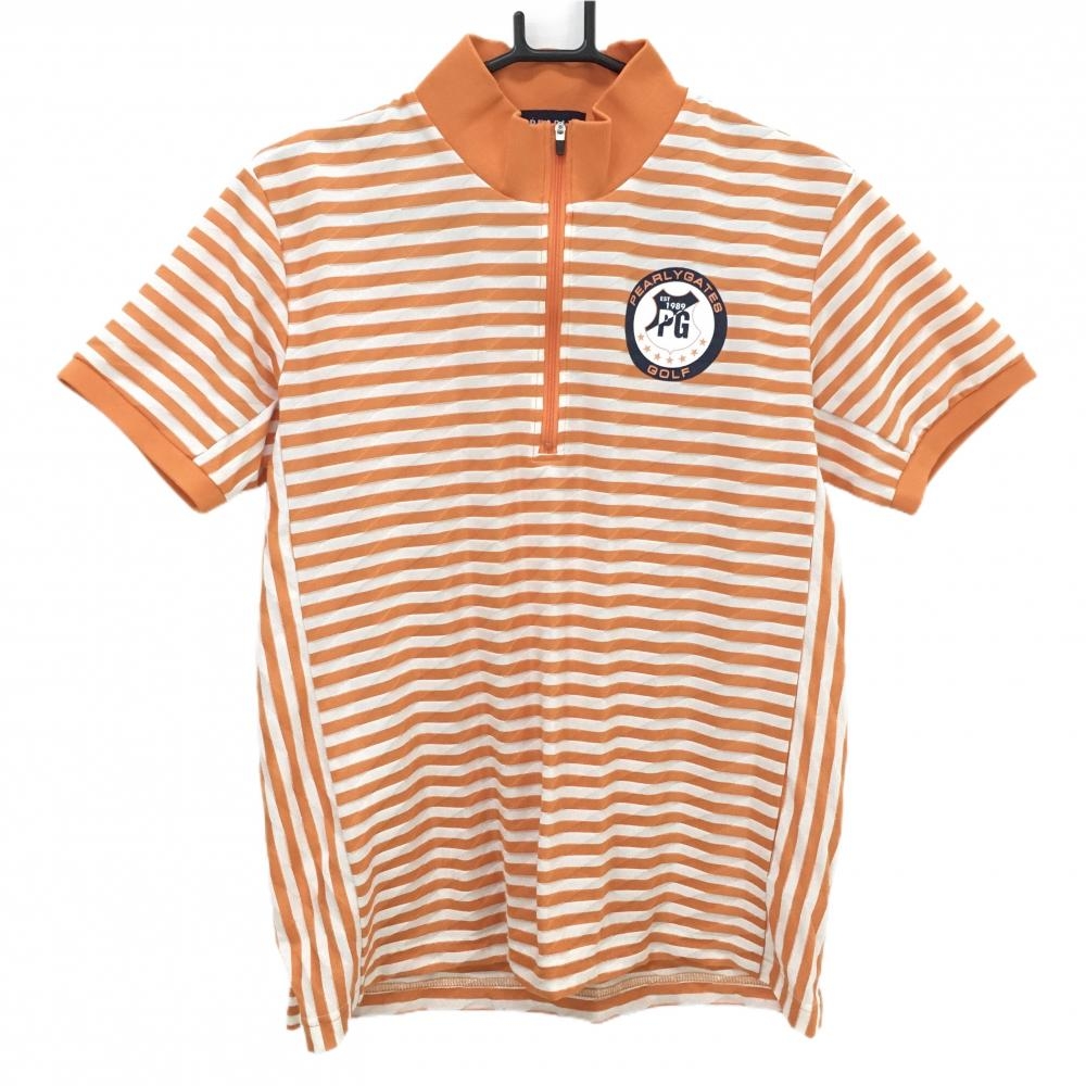 【超美品】パーリーゲイツ 半袖ハイネックシャツ オレンジ×白 ボーダー ハーフジップ 織生地 メンズ 4(M) ゴルフウェア PEARLY GATES