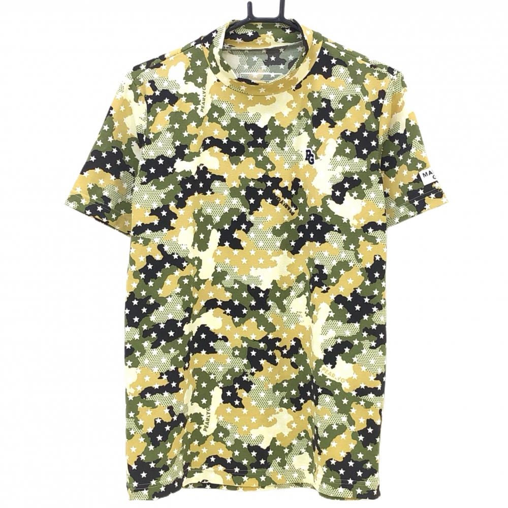 【超美品】パーリーゲイツ 半袖ハイネックシャツ ベージュ×カーキ カモフラ 迷彩 星柄  メンズ 4(M) ゴルフウェア PEARLY GATES