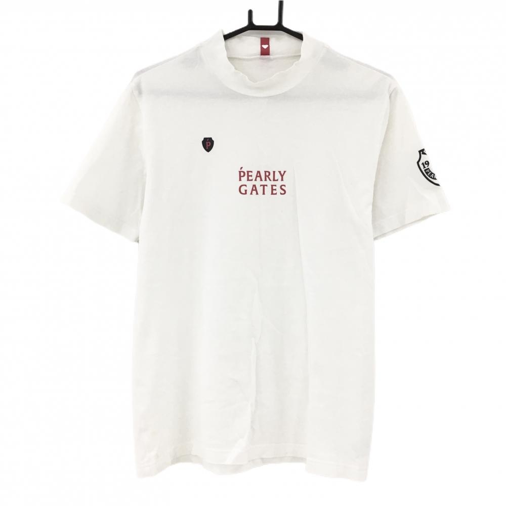 パーリーゲイツ 半袖ハイネックシャツ 白×レッド フロントロゴ メンズ 5(L) ゴルフウェア PEARLY GATES
