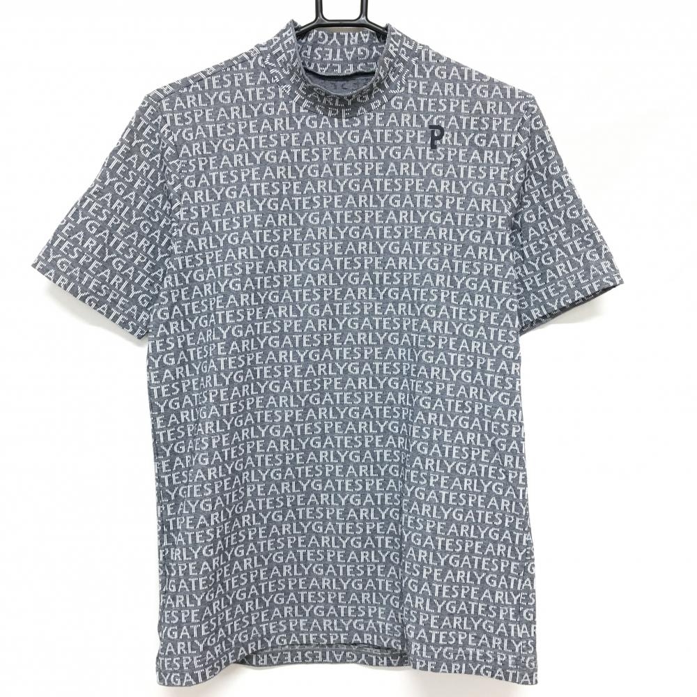 【超美品】パーリーゲイツ 半袖ハイネックシャツ グレー系×白 ストライプロゴ総柄 メンズ 4(M) ゴルフウェア 2023年モデル PEARLY GATES