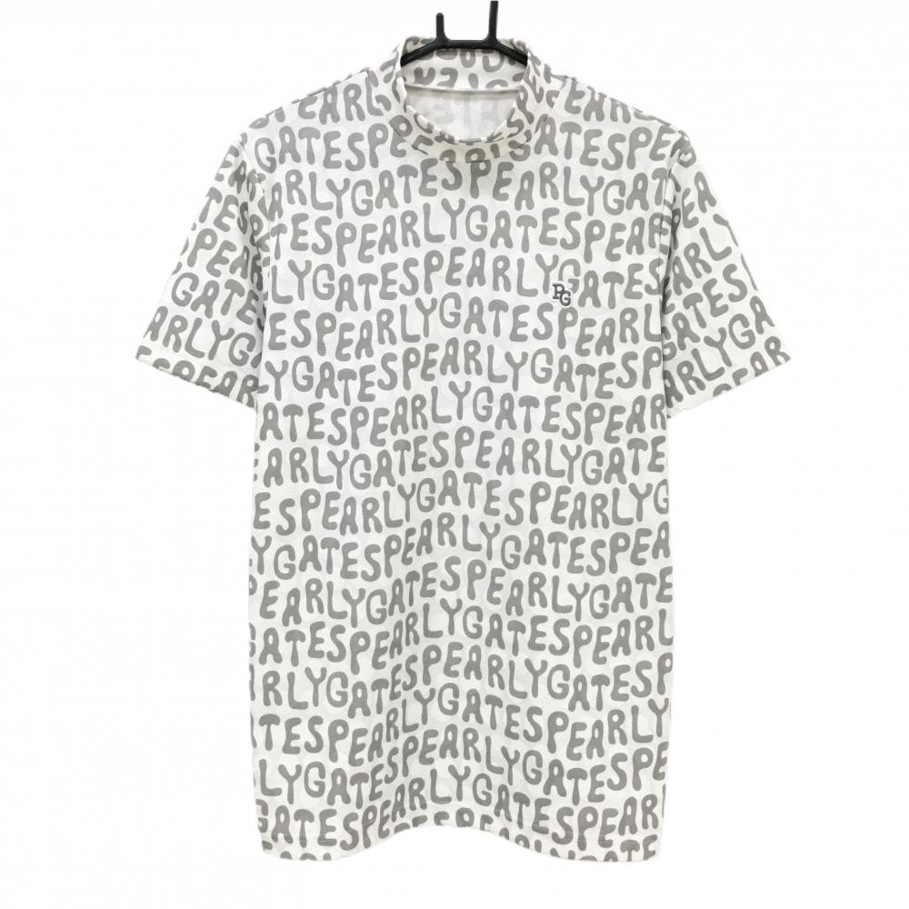 【美品】パーリーゲイツ 半袖ハイネックシャツ 白×グレー ロゴ総柄 ゴルフボール  メンズ 5(L) ゴルフウェア 2024年モデル PEARLY GATES