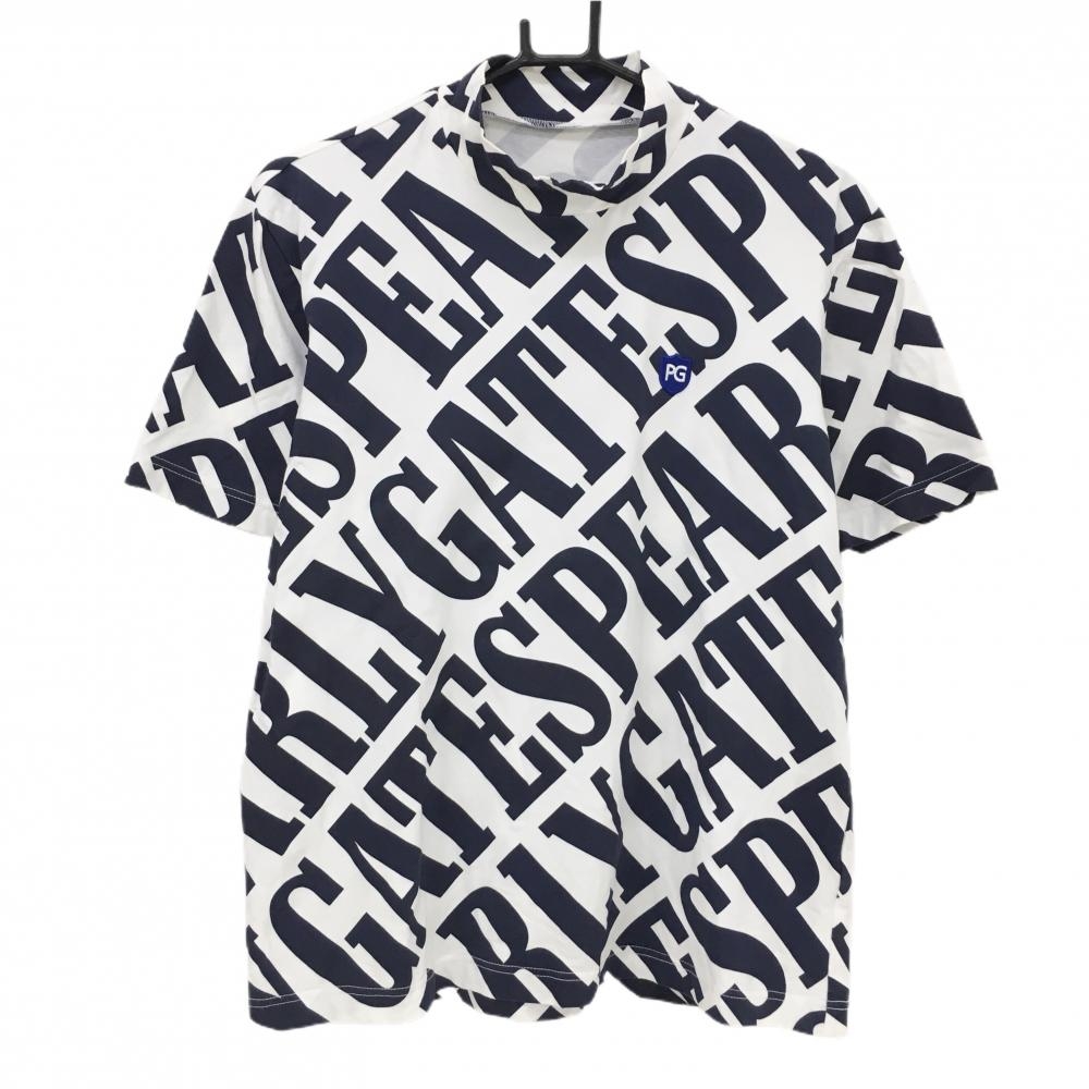 パーリーゲイツ 半袖ハイネックシャツ 白×ネイビー 英字総柄  メンズ 5(L) ゴルフウェア PEARLY GATES
