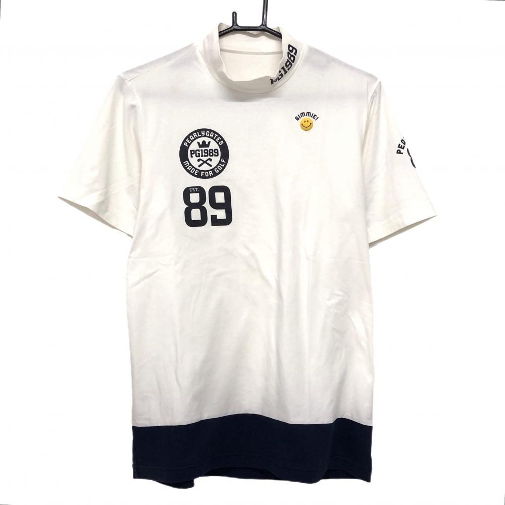 パーリーゲイツ 半袖ハイネックシャツ 白×ネイビー ニコちゃん スマイル バイカラー  メンズ 4(M) ゴルフウェア PEARLY GATES