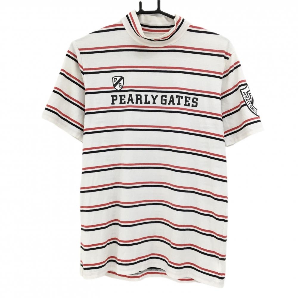 パーリーゲイツ 半袖ハイネックシャツ 白×レッド×黒 ボーダー  メンズ 6(XL) ゴルフウェア PEARLY GATES