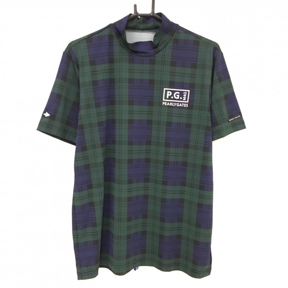 【超美品】パーリーゲイツ 半袖ハイネックシャツ ネイビー×グリーン チェック メンズ 5(L) ゴルフウェア 2023年モデル PEARLY GATES