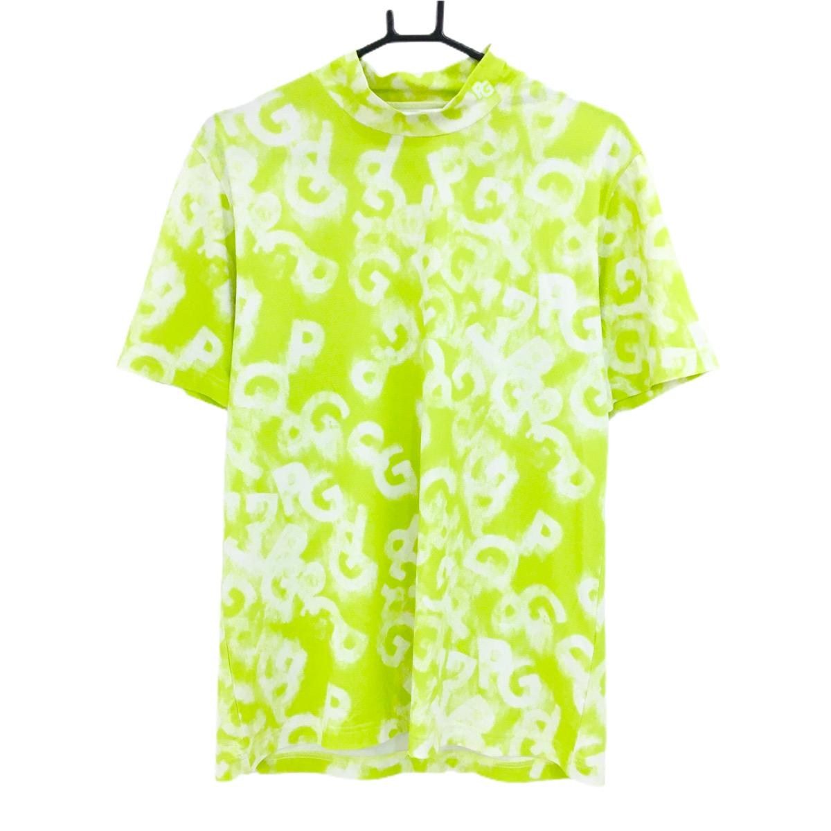 【超美品】パーリーゲイツ 半袖ハイネックシャツ ライムグリーン系×白 英字総柄 メンズ 6(XL) ゴルフウェア 2025年モデル PEARLY GATES