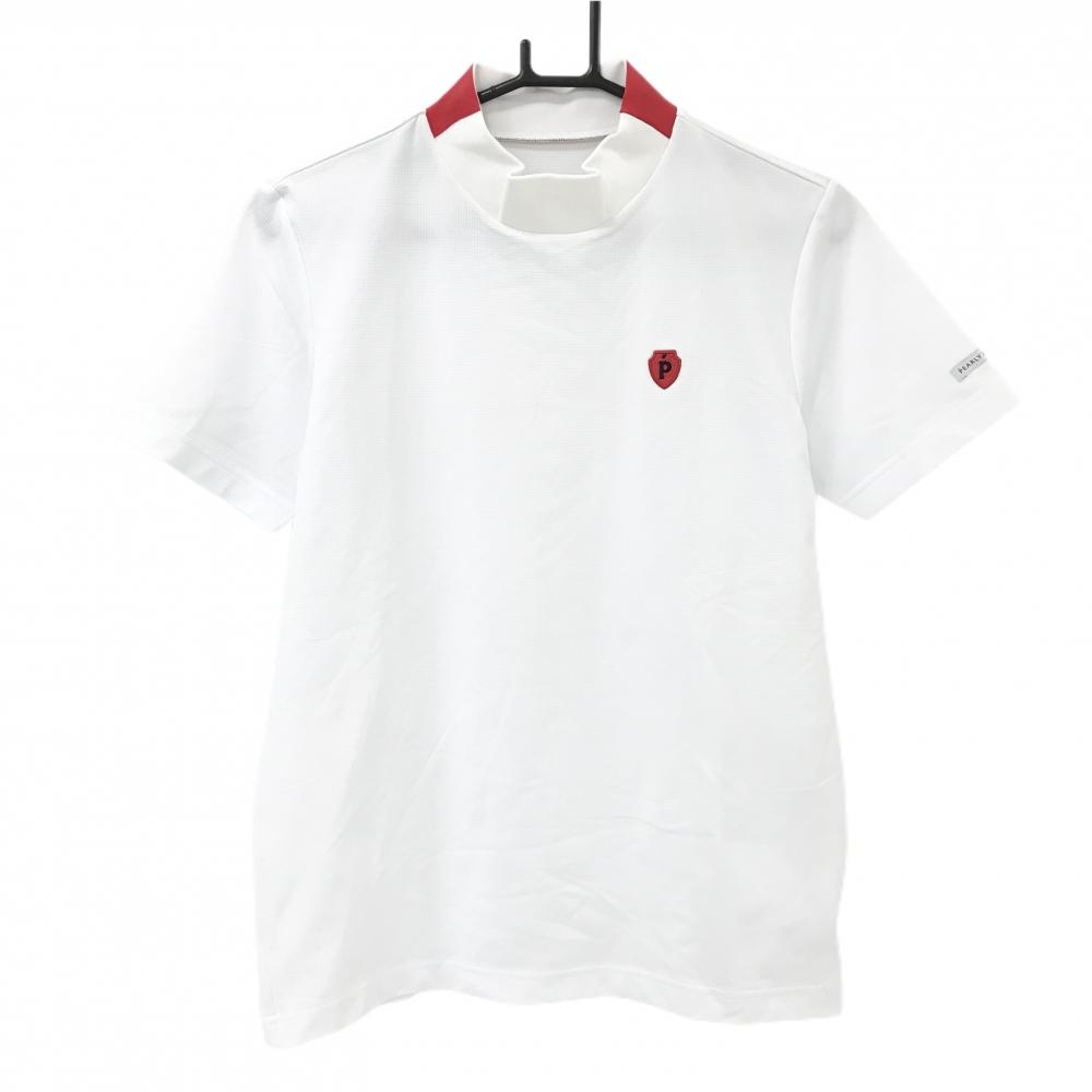 【超美品】パーリーゲイツ 半袖ハイネックシャツ 白×レッド ネックロゴ メンズ 3(S) ゴルフウェア PEARLY GATES
