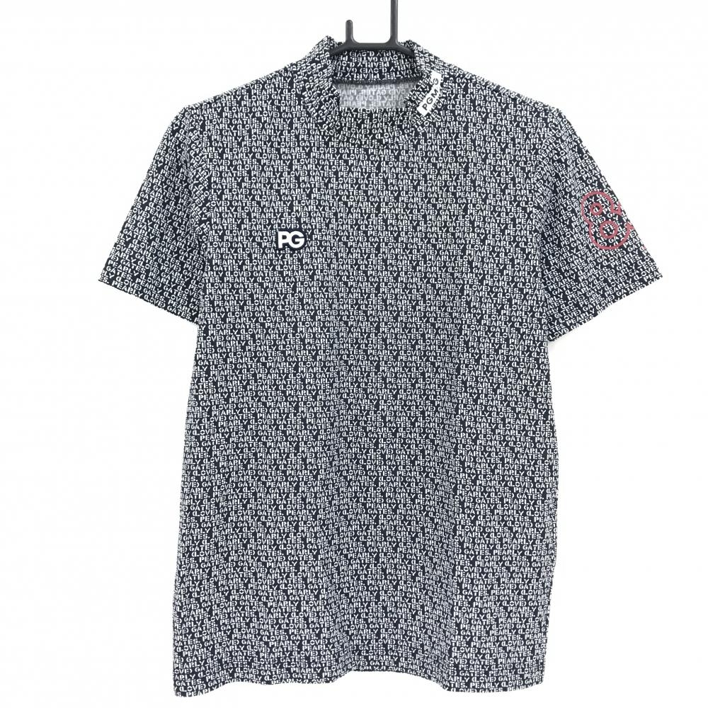 【超美品】パーリーゲイツ 半袖ハイネックシャツ ネイビー×白 ロゴ総柄  メンズ 3(S) ゴルフウェア PEARLY GATES