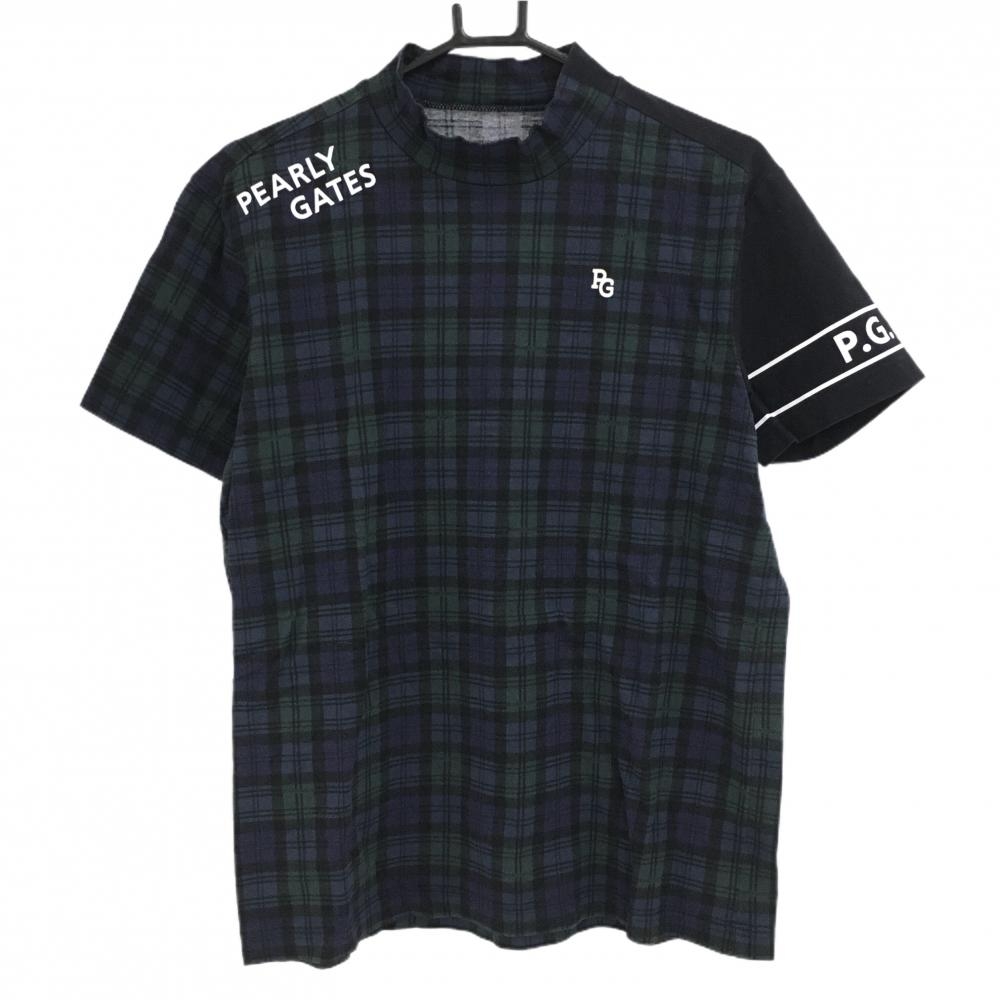 【美品】パーリーゲイツ 半袖ハイネックシャツ グリーン×ネイビー×黒 チェック メンズ 5(L) ゴルフウェア 2023年モデル PEARLY GATES