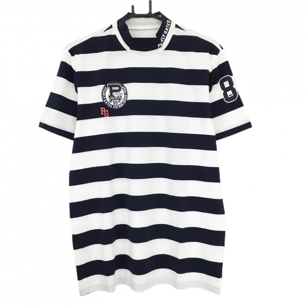 【超美品】パーリーゲイツ 半袖ハイネックシャツ ネイビー×白 ボーダー ロゴプリント メンズ 6(XL) ゴルフウェア PEARLY GATES