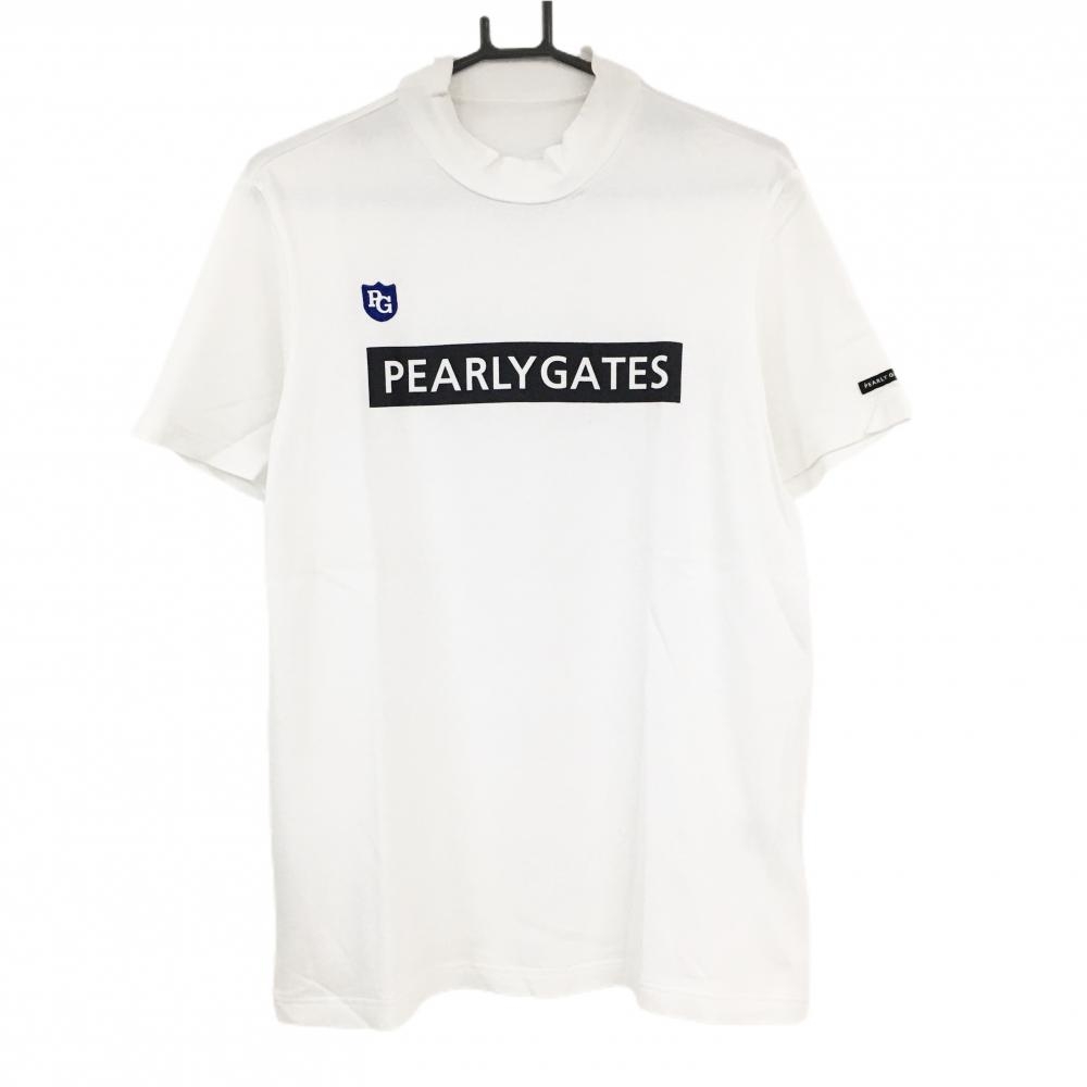 【美品】パーリーゲイツ 半袖ハイネックシャツ 白×黒 ロゴプリント メンズ 6(XL) ゴルフウェア PEARLY GATES