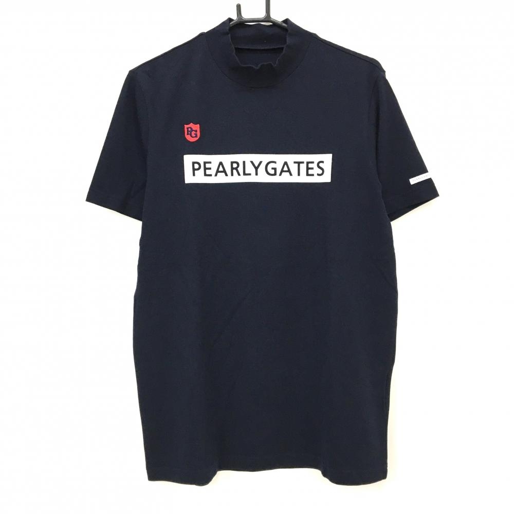 【美品】パーリーゲイツ 半袖ハイネックシャツ ネイビー×白 ロゴプリント メンズ 6(XL) ゴルフウェア PEARLY GATES