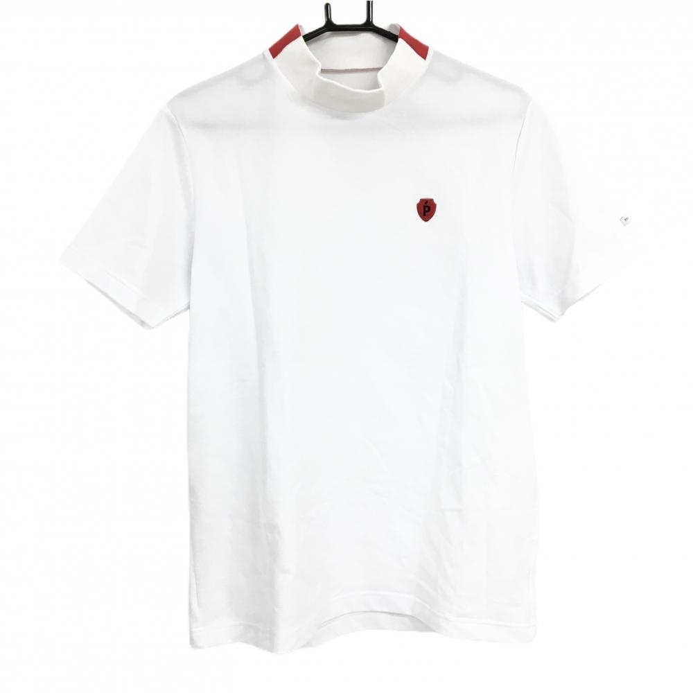 【超美品】パーリーゲイツ 半袖ハイネックシャツ 白 格子柄地模様 ロゴレッド メンズ 5(L) ゴルフウェア PEARLY GATES