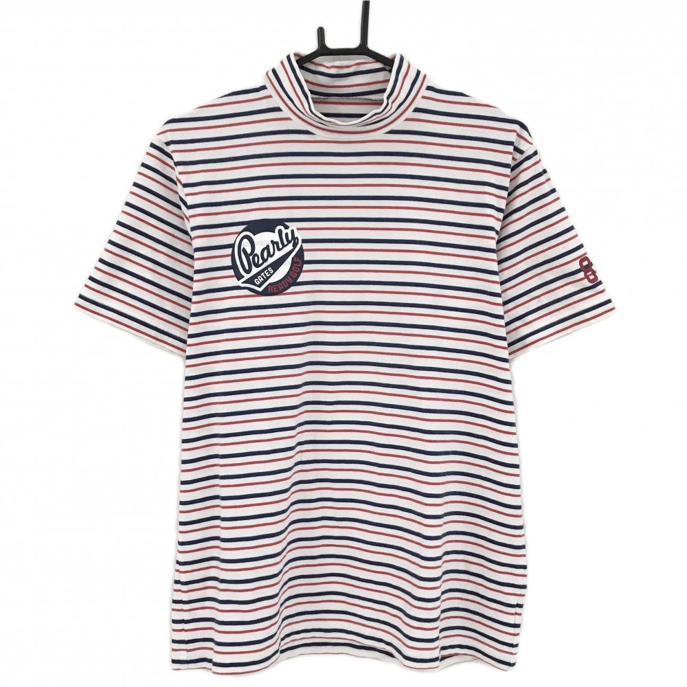 パーリーゲイツ 半袖ハイネックシャツ 白×ネイビー×レッド ボーダー メンズ 6(XL) ゴルフウェア PEARLY GATES