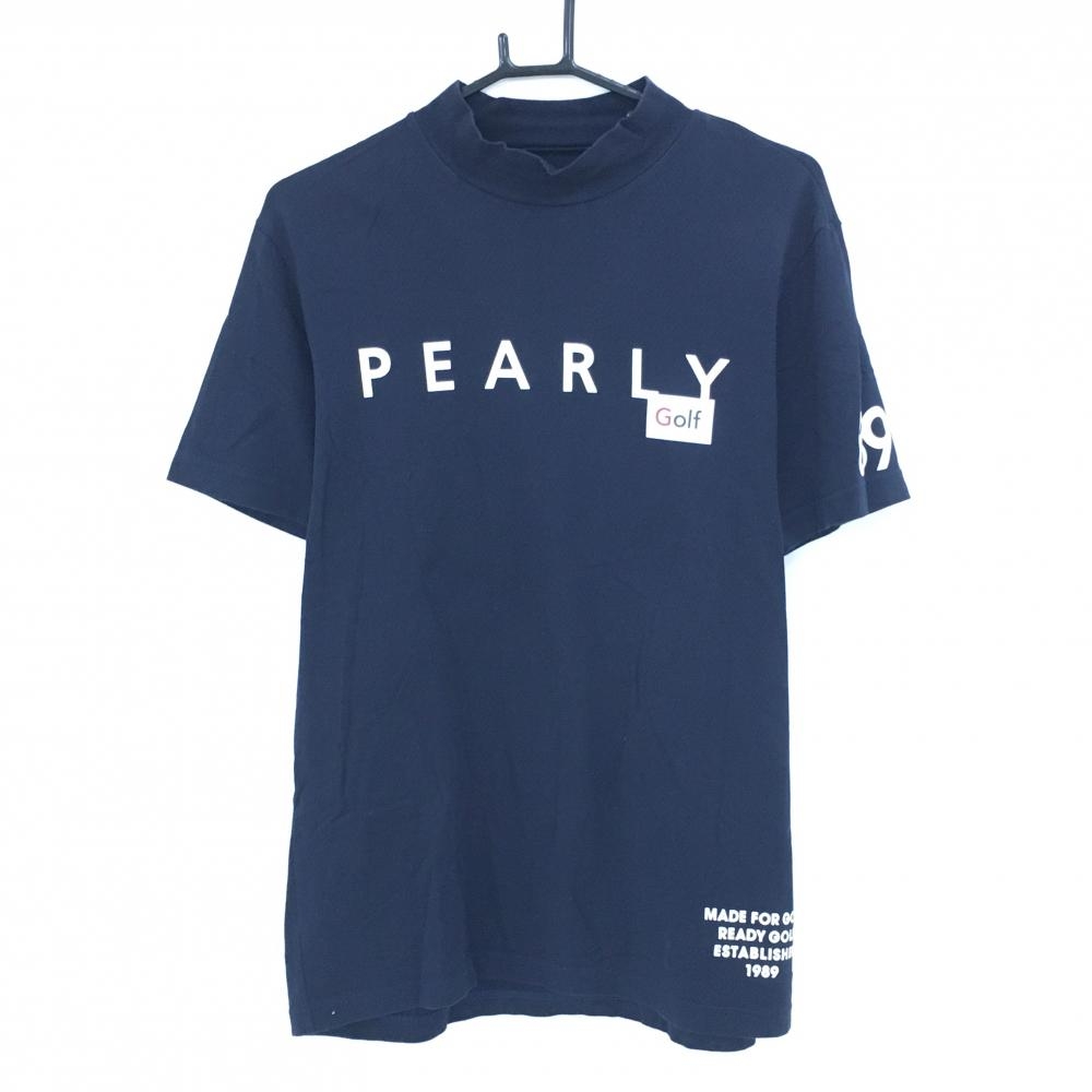 【美品】パーリーゲイツ 半袖ハイネックシャツ ネイビー ロゴ白 ストレッチ メンズ 6(XL) ゴルフウェア PEARLY GATES