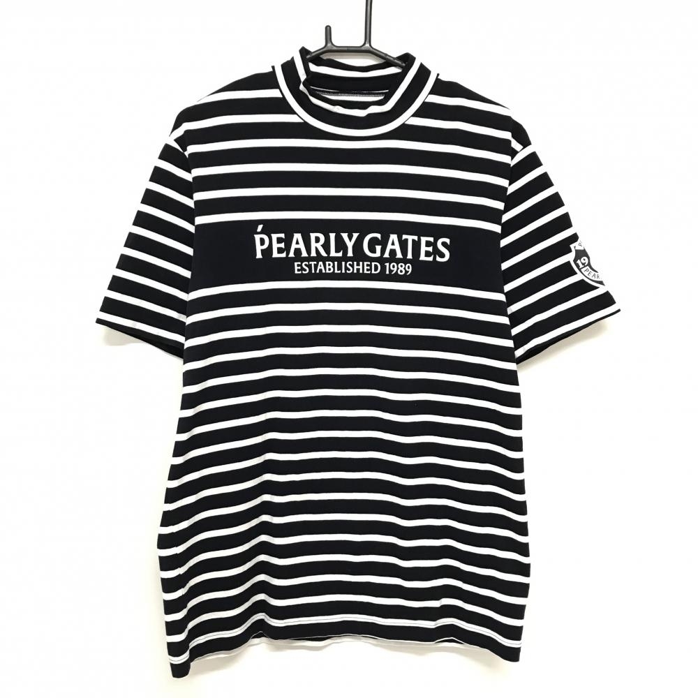 【超美品】パーリーゲイツ 半袖ハイネックシャツ ネイビー×白 ボーダー ストレッチ メンズ 7(2XL) ゴルフウェア PEARLY GATES
