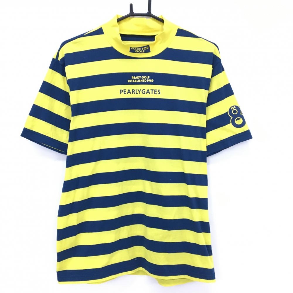 【超美品】パーリーゲイツ 半袖ハイネックシャツ イエロー×ネイビー ボーダー ロゴ メンズ 7(2XL) ゴルフウェア PEARLY GATES