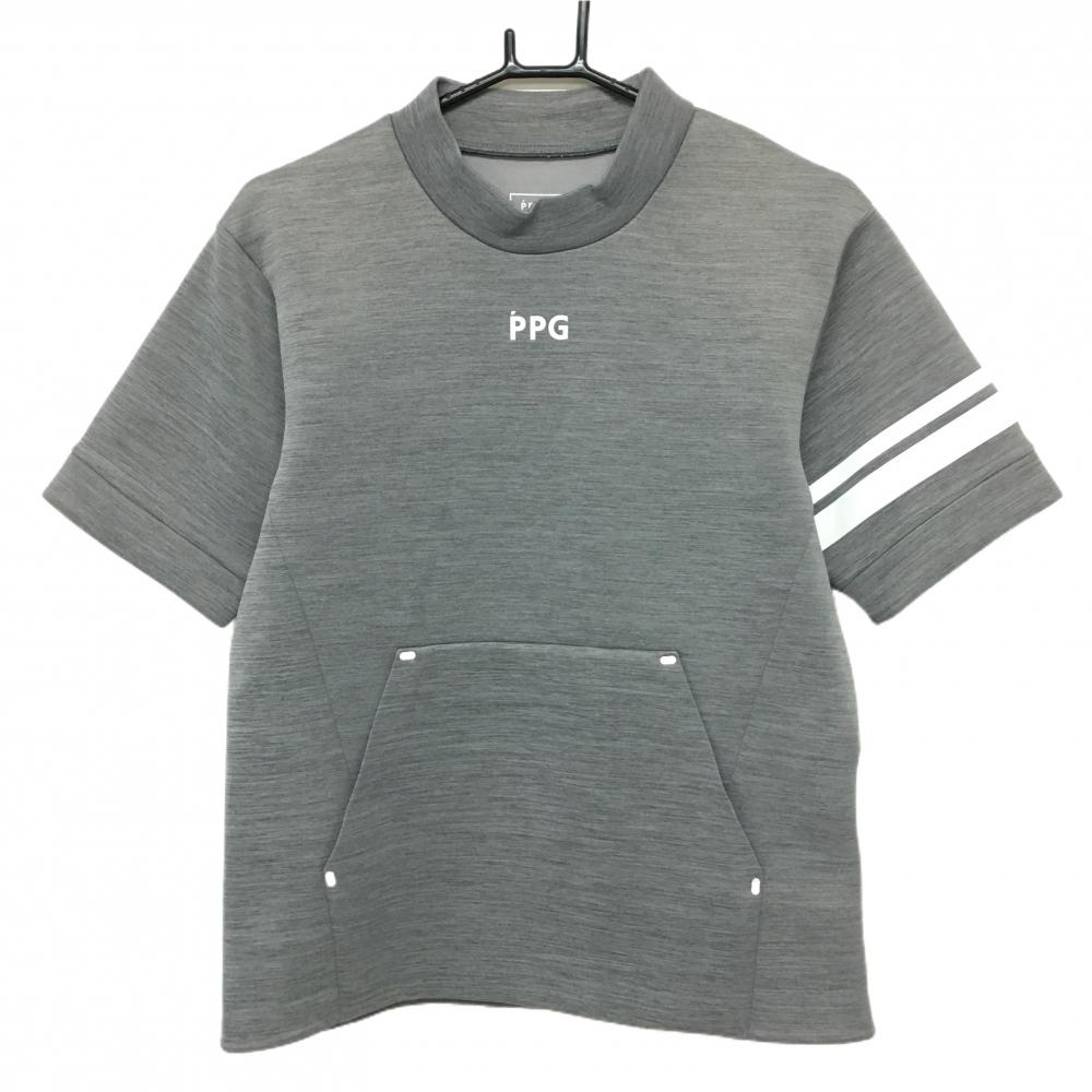 【超美品】PGGパーリーゲイツ 半袖ハイネックシャツ グレー ダンボールニット  メンズ 4(M) ゴルフウェア PEARLY GATES
