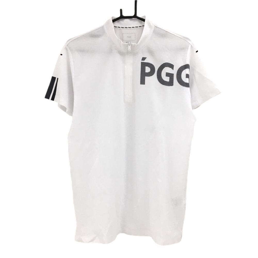 【超美品】PGGパーリーゲイツ 半袖ハイネックシャツ 白 ロゴネイビー ハーフジップ  メンズ 5(L) ゴルフウェア PEARLY GATES
