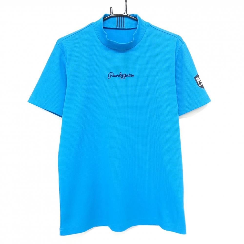 【美品】パーリーゲイツ 半袖ハイネックシャツ ライトブルー フロントロゴネイビー メンズ 5(L) ゴルフウェア PEARLY GATES