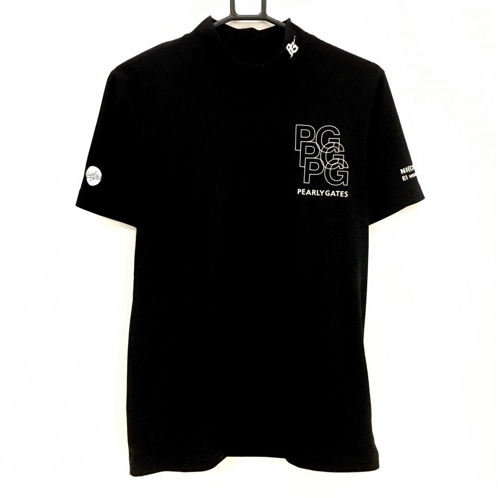 【超美品】パーリーゲイツ 半袖ハイネックシャツ 黒×白 ロゴプリント  メンズ 4(M) ゴルフウェア 2024年モデル PEARLY GATES