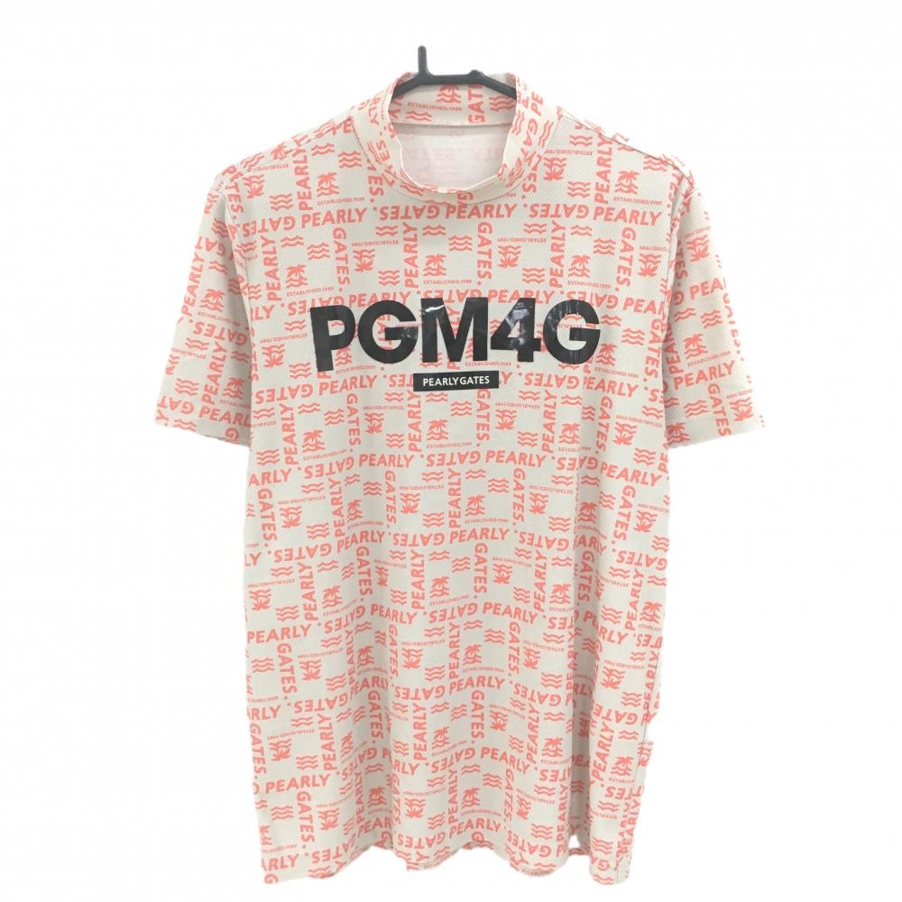 【超美品】パーリーゲイツ 半袖ハイネックシャツ ベージュ×オレンジ ロゴ総柄 ヤシの木  メンズ 5(L) ゴルフウェア PEARLY GATES