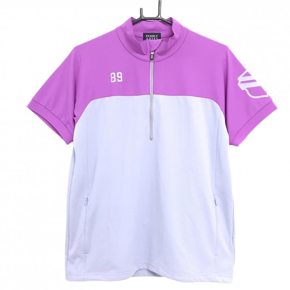 【超美品】パーリーゲイツ 半袖ハイネックシャツ グレー×パープル バイカラー ハーフジップ メンズ 4(M) ゴルフウェア PEARLY GATES