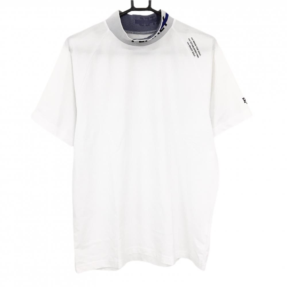 【超美品】パーリーゲイツ 半袖ハイネックシャツ 白 ネックロゴ＆ブルーライン メンズ 6(XL) ゴルフウェア 2024年モデル PEARLY GATES