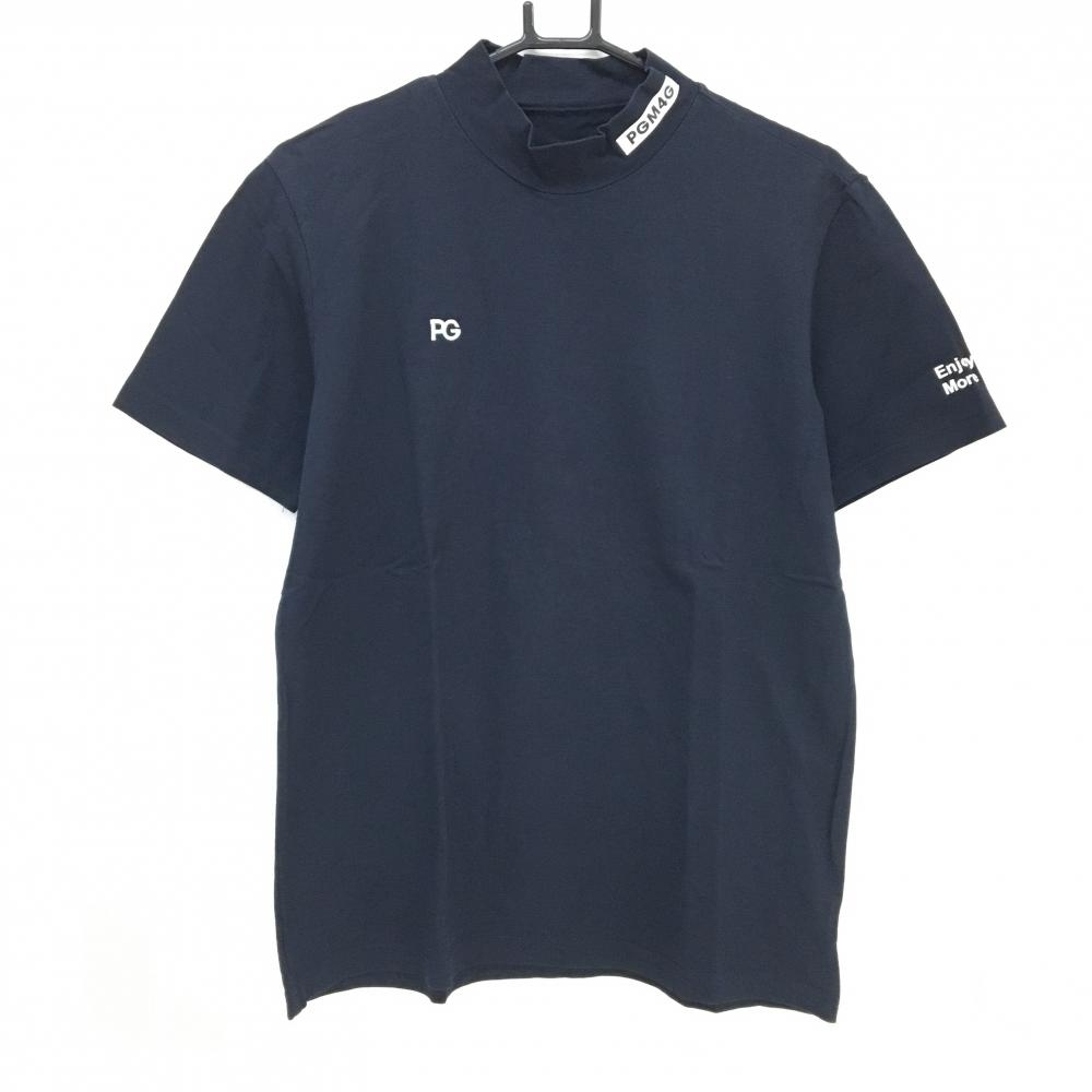 【美品】パーリーゲイツ 半袖ハイネックシャツ ダークネイビー×白 後ろロゴプリント メンズ 5(L) ゴルフウェア PEARLY GATES