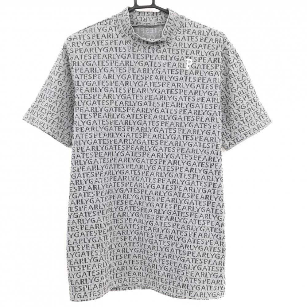 【超美品】パーリーゲイツ 半袖ハイネックシャツ グレー×黒 ロゴ総柄 メンズ 6(XL) ゴルフウェア PEARLY GATES