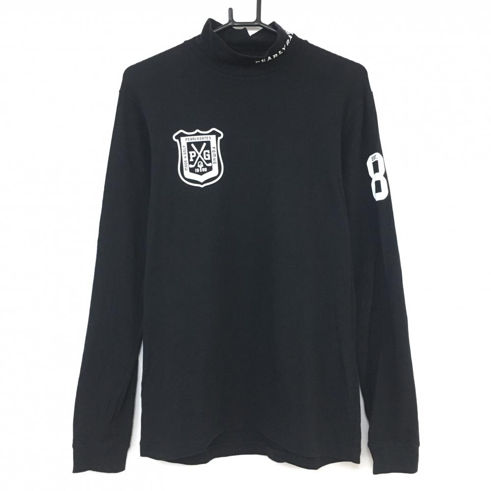 【美品】PEARLY GATES パーリーゲイツ 長袖ハイネックシャツ 黒×白 ロゴプリント ストレッチ メンズ 6(XL) ゴルフウェア